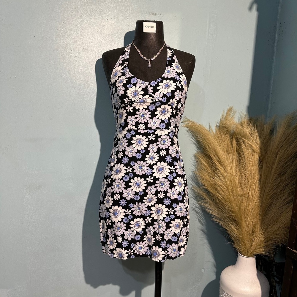 Hollister Blue Floral Halter Mini Dress XS Smocked Back Retro Daisy Print